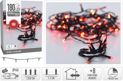 ŁAŃCUCH LED 180L CZERWONY NA ZEWNĄTRZ13,5m +8funkcji