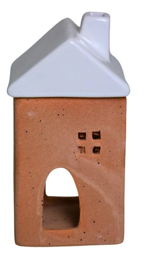 KOMINEK NA OLEJEK ZAPACHOWY CERAMICZNY DOMEK Z BIAŁYM DACHEM