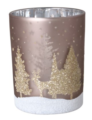 ŚWIECZNIK SZKLANY BRĄZOWY Z CHOINKAMI MAŁY