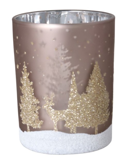 ŚWIECZNIK SZKLANY BRĄZOWY Z CHOINKAMI MAŁY