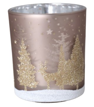 ŚWIECZNIK SZKLANY BRĄZOWY Z CHOINKAMI ŚREDNI