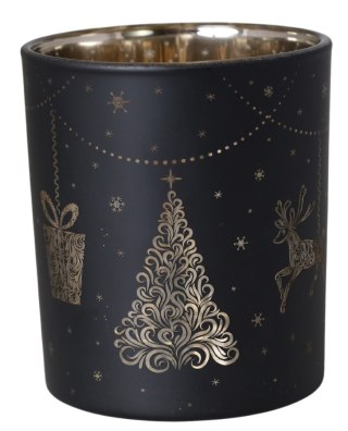 ŚWIECZNIK SZKLANY CZARNY Z CHOINKAMI MAŁY