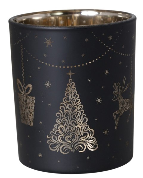 ŚWIECZNIK SZKLANY CZARNY Z CHOINKAMI MAŁY