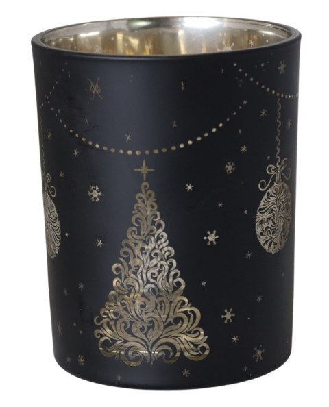 ŚWIECZNIK SZKLANY CZARNY Z CHOINKAMI ŚREDNI