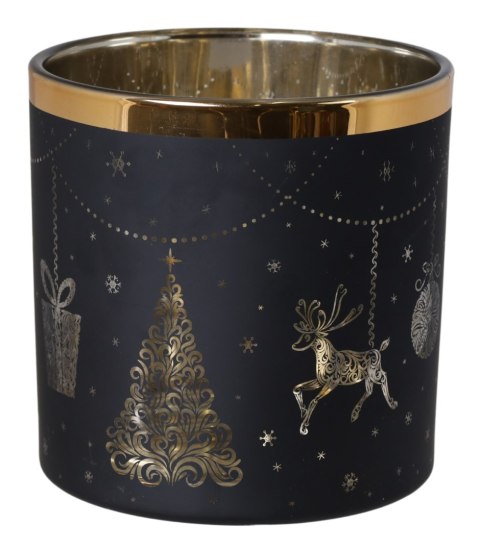 ŚWIECZNIK SZKLANY CZARNY Z RENIFEREM MAŁY