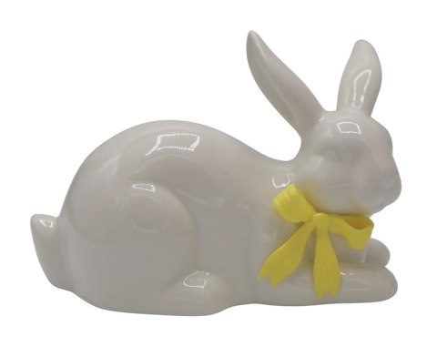 KRÓLICZEK CERAMICZNY LEŻĄCY BIAŁY Z ŻÓŁTĄ KOKARDKĄ DUŻY