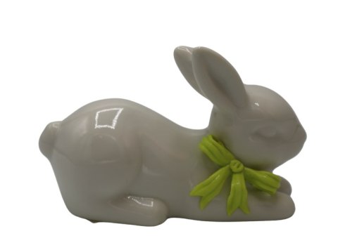 KRÓLICZEK CERAMICZNY LEŻĄCY BIAŁY Z LIMONKOWĄ KOKARDKĄ MAŁY
