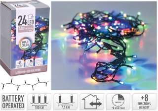 ŁAŃCUCH LED 24 WIELOKOLOROWE 180CM WW ZEWNĘTRZNE +8FUNKCJI NA BATERIE TIMER