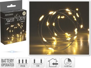ŁAŃCUCH LED 100L CIEPŁA BIEL WEWNĘTRZNE 495CM TIMER NA BATERIE