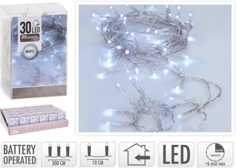 ŁAŃCUCH LED 30L BIAŁE 3M WEWNĘTRZNE3xAA 1,5V NA BATERIE TIMER