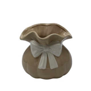 WAZON CERAMICZNY BEŻOWY Z BIAŁĄ KOKARDKĄ