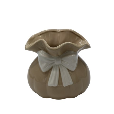 WAZON CERAMICZNY BEŻOWY Z BIAŁĄ KOKARDKĄ