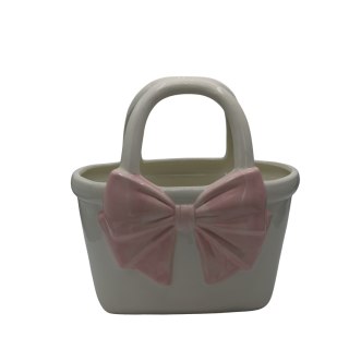 WAZON CERAMICZNY TOREBKA BIAŁA Z RÓŻOWĄ KOKARDĄ DUŻA