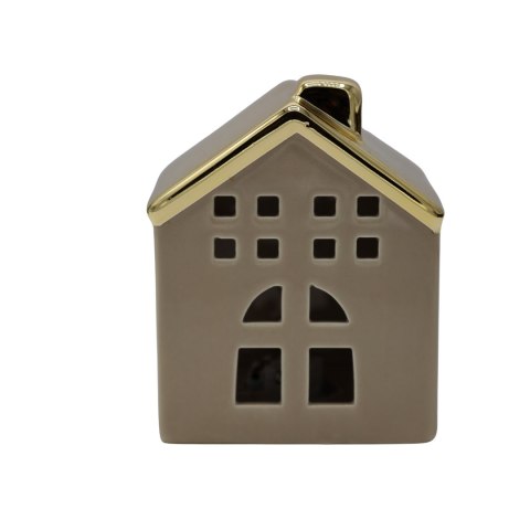 DOMEK CERAMICZNY BEŻOWY ZE ZŁOTYM DACHEM MAŁY LED