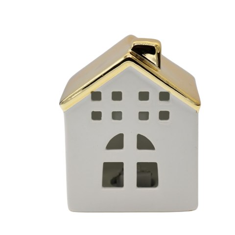 DOMEK CERAMICZNY BIAŁY ZE ZŁOTYM DACHEM MAŁY LED