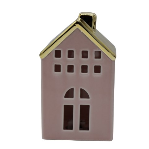 DOMEK CERAMICZNY RÓŻOWY ZE ZŁOTYM DACHEM DUŻY LED
