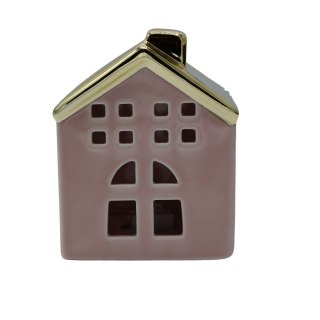 DOMEK CERAMICZNY RÓŻOWY ZE ZŁOTYM DACHEM MAŁY LED
