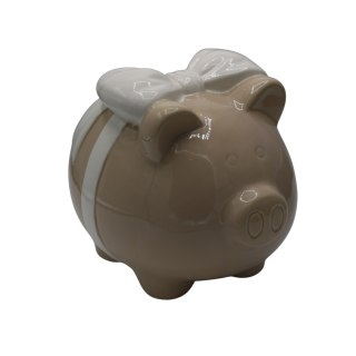 SKARBONKA CERAMICZNA ŚWINKA BEŻOWA Z BIAŁĄ KOKARDĄ DUŻA