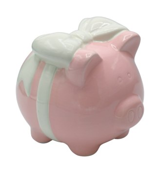 SKARBONKA CERAMICZNA ŚWINKA RÓŻOWA Z BIAŁĄ KOKARDĄ ŚREDNIA