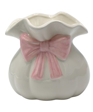 WAZON CERAMICZNY BIAŁY Z RÓŻOWĄ KOKARDĄ