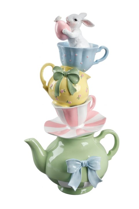 FIGURKA CERAMICZNA DZBANEK ZE STOSEM FILIŻANEK I KRÓLICZKIEM