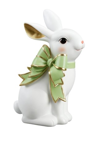 FIGURKA CERAMICZNA KRÓLIK BIAŁY Z ZIELONĄ KOKARDĄ
