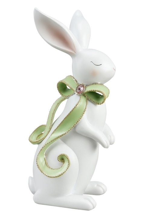 FIGURKA CERAMICZNA KRÓLIK BIAŁY Z ZIELONĄ KOKARDĄ