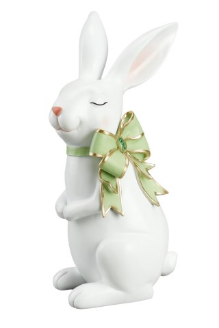 FIGURKA CERAMICZNA KRÓLIK BIAŁY Z ZIELONĄ KOKARDĄ