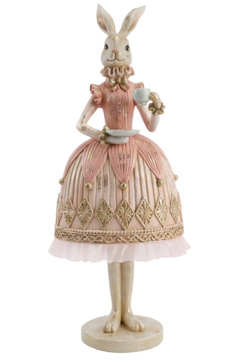 FIGURKA CERAMICZNA PANI KRÓLIK W RÓŻOWEJ SUKIENCE Z FILIŻANKĄ