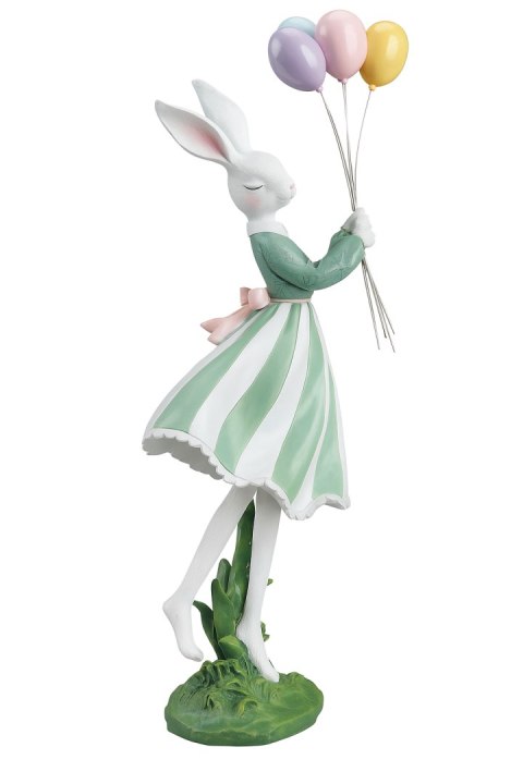 FIGURKA CERAMICZNA PANI KRÓLIK W ZIELONO-BIAŁEJ SPÓDNICY Z BALONAMI