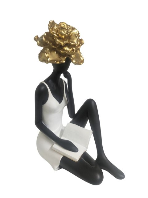 FIGURKA KOBIETA CERAMICZNA Z OTWARTĄ KSIĄŻKĄ I ZŁOTYM KWIATEM NA GŁOWIE