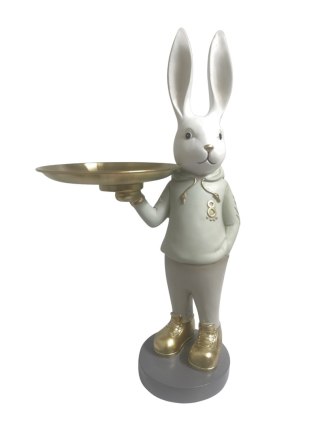 FIGURKA KRÓLIK CERAMICZNY Z TACKĄ W ZIELONEJ BLUZIE