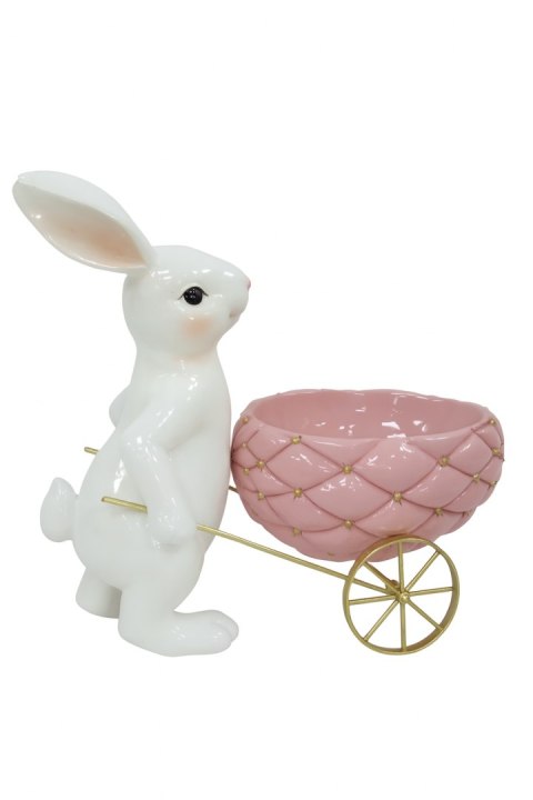 KRÓLICZEK CERAMICZNY BIAŁY Z RÓŻOWYM JAJKIEM NA WÓZKU