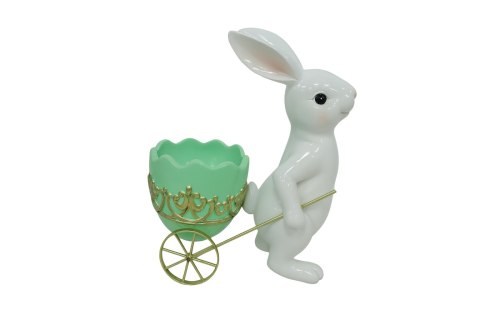 KRÓLICZEK CERAMICZNY BIAŁY Z ZIELONYM JAJKIEM NA WÓZKU