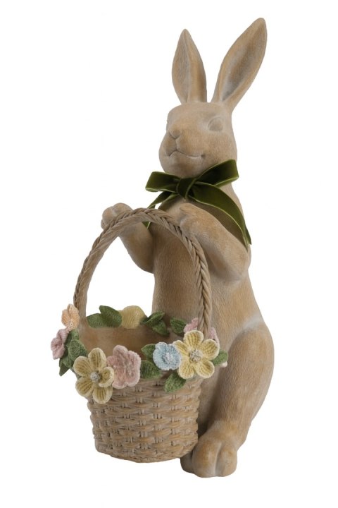 KRÓLIK CERAMICZNY Z KOSZYCZKIEM I ZIELONĄ KOKARDĄ