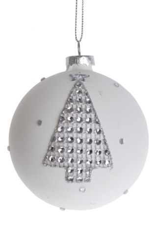 BOMBKA SZKLANA BIAŁA Z CHOINKĄ Z KRYSZTAŁKAMI