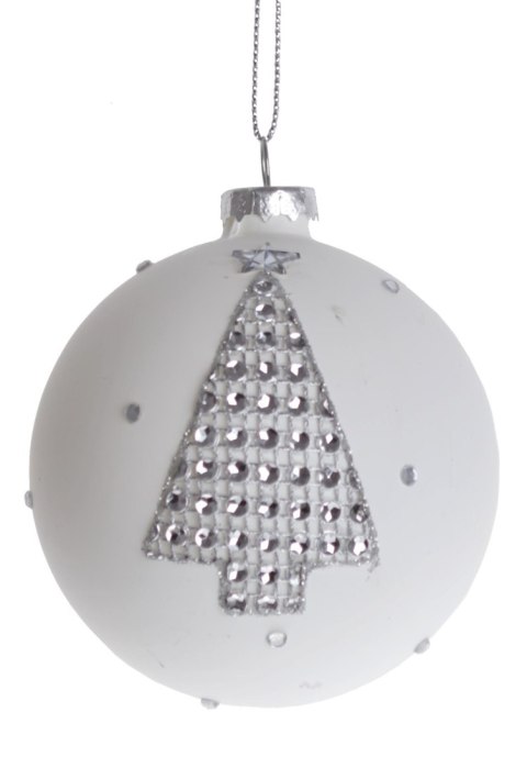 BOMBKA SZKLANA BIAŁA Z CHOINKĄ Z KRYSZTAŁKAMI