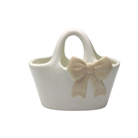WAZON CERAMICZNY TOREBKA BIAŁA Z BEŻOWĄ KOKARDĄ