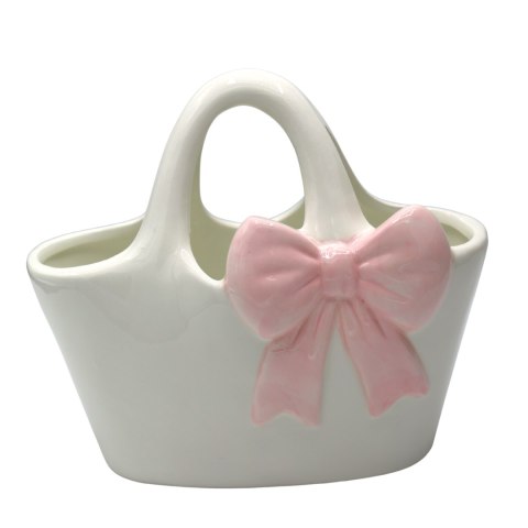 WAZON CERAMICZNY TOREBKA BIAŁA Z RÓŻOWĄ KOKARDĄ