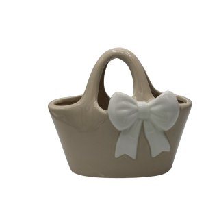 WAZON CERAMICZNY TOREBKA BEŻOWA Z BIAŁĄ KOKARDĄ