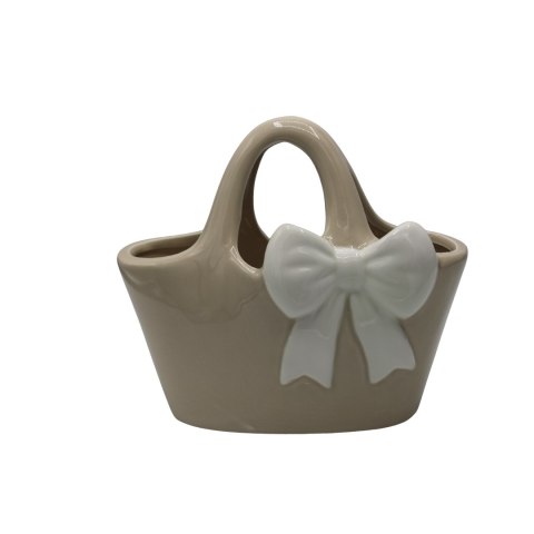 WAZON CERAMICZNY TOREBKA BEŻOWA Z BIAŁĄ KOKARDĄ