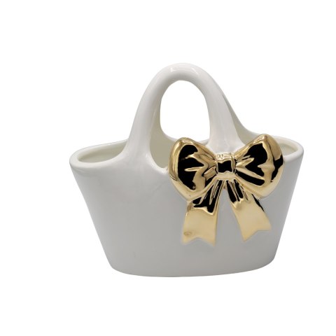 WAZON CERAMICZNY TOREBKA BIAŁA ZE ZŁOTĄ KOKARDĄ