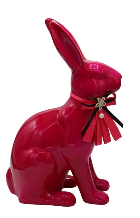 KRÓLIK CERAMICZNY FUKSJOWY Z CZARNĄ KOKARDĄ