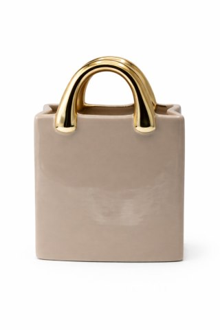 WAZON CERAMICZNY TOREBKA BEŻOWA ZE ZŁOTYMI RĄCZKAMI MAŁA