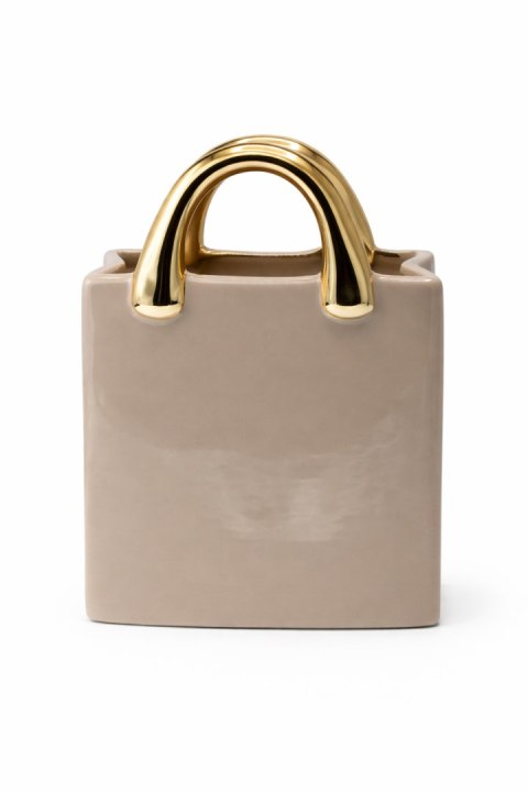 WAZON CERAMICZNY TOREBKA BEŻOWA ZE ZŁOTYMI RĄCZKAMI MAŁA