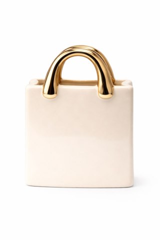 WAZON CERAMICZNY TOREBKA KREMOWA ZE ZŁOTYMI RĄCZKAMI MAŁA