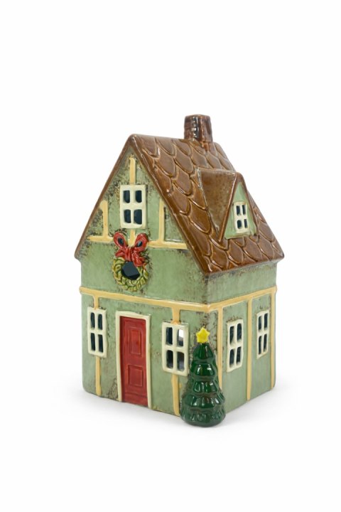 DOMEK CERAMICZNY NA T-LIGHT MIĘTOWY Z BRĄZOWYM DACHEM