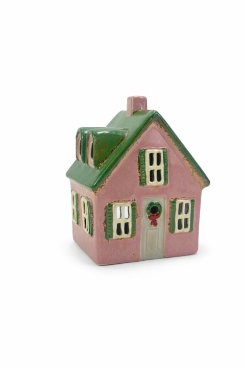 DOMEK CERAMICZNY NA T-LIGHT RÓŻOWY Z ZIELONYM DACHEM