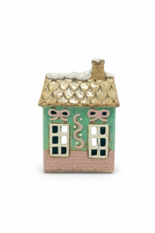 DOMEK CERAMICZNY NA T-LIGHT TURKUSOWY Z RÓŻOWYMI KOKARDKAMI