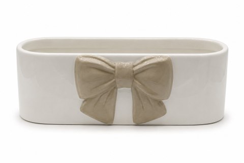 DONICZKA CERAMICZNA PODŁUŻNA BIAŁA Z BEŻOWĄ KOKARDĄ